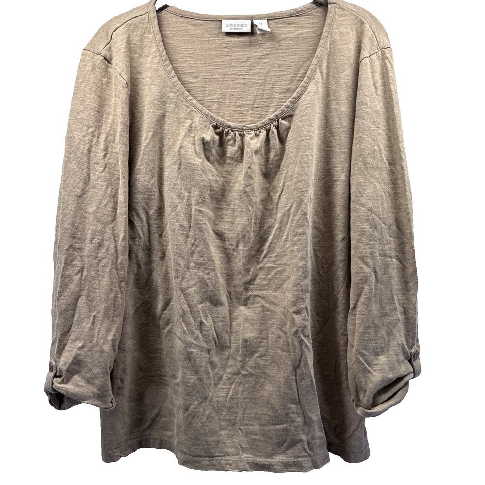 Chicos Weekends Top Size Large Tan Slub Cotton Minimalist 3/4 Sleeves Pullover